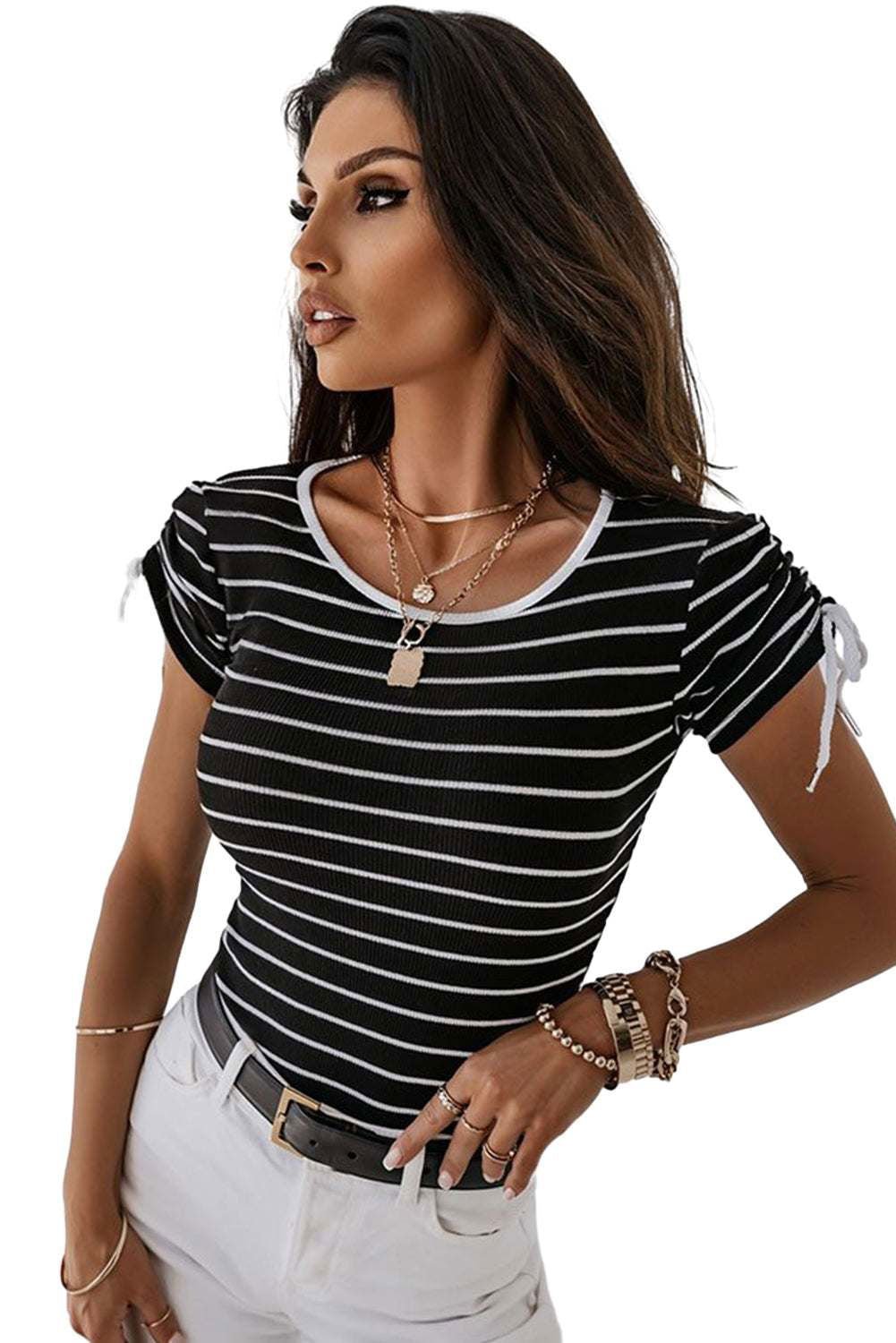 Black Striped Drawstring Sleeve Knitted T Shirt - Vesteeto