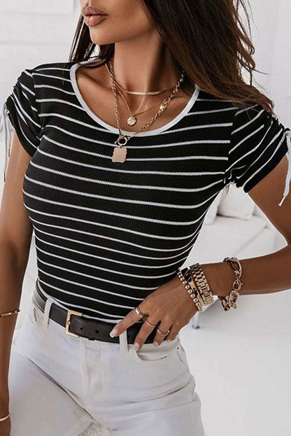 Black Striped Drawstring Sleeve Knitted T Shirt - Vesteeto