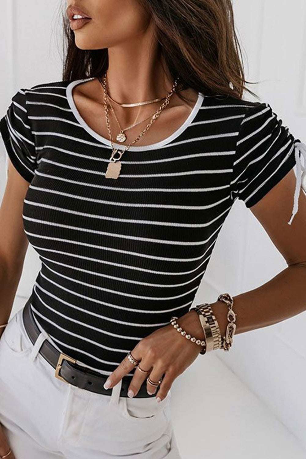 Black Striped Drawstring Sleeve Knitted T Shirt - Vesteeto