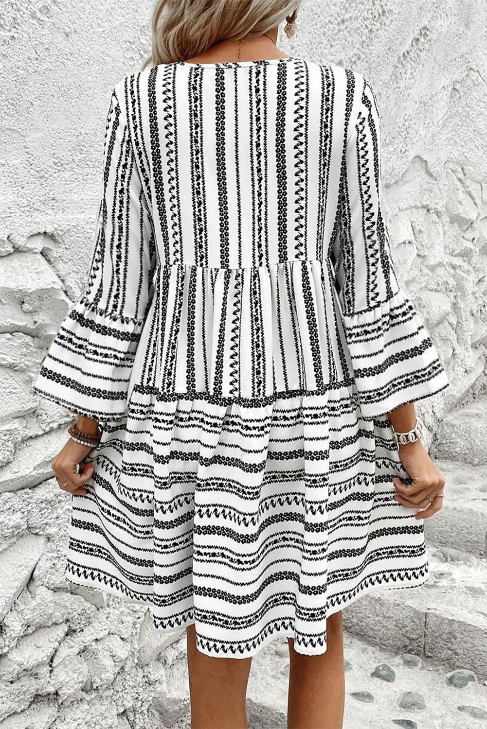 Black Striped Fringe Tie Neck Bell Sleeve V Neck Mini Dress - Vesteeto