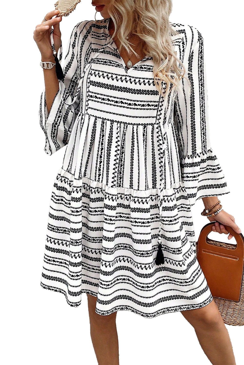 Black Striped Fringe Tie Neck Bell Sleeve V Neck Mini Dress - Vesteeto