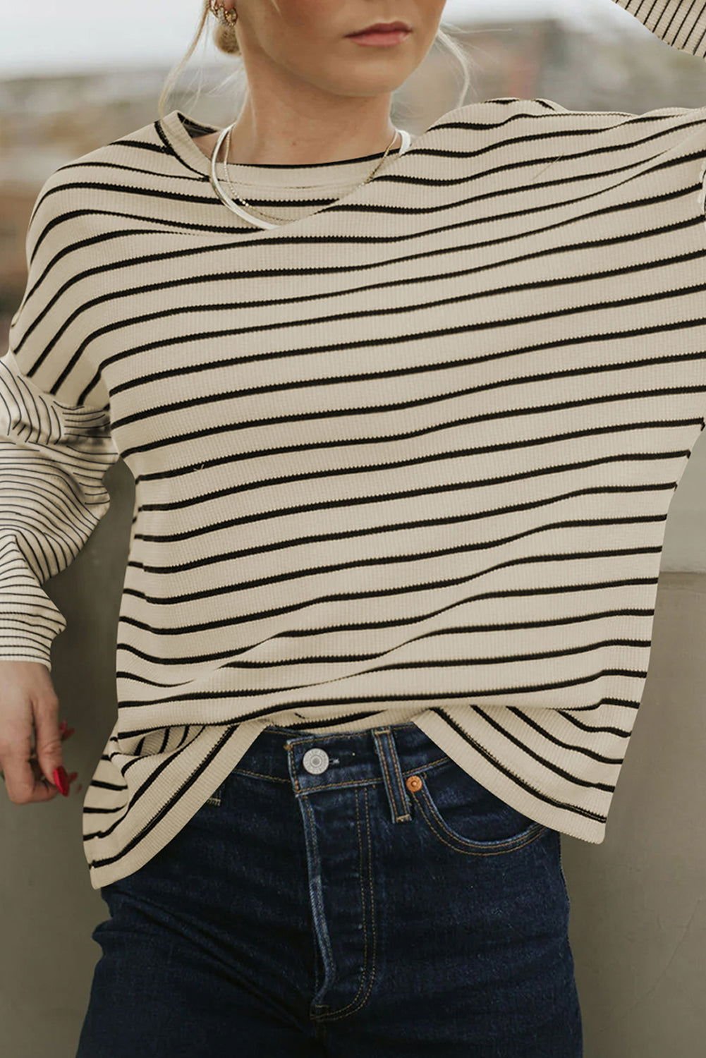 Black Striped Patchwork Drop Sleeve Top - Vesteeto