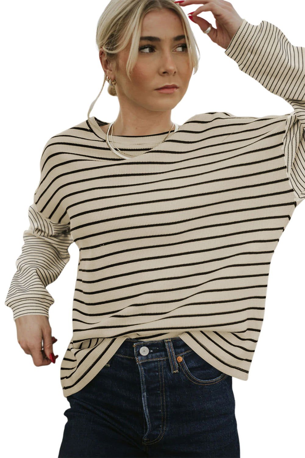 Black Striped Patchwork Drop Sleeve Top - Vesteeto