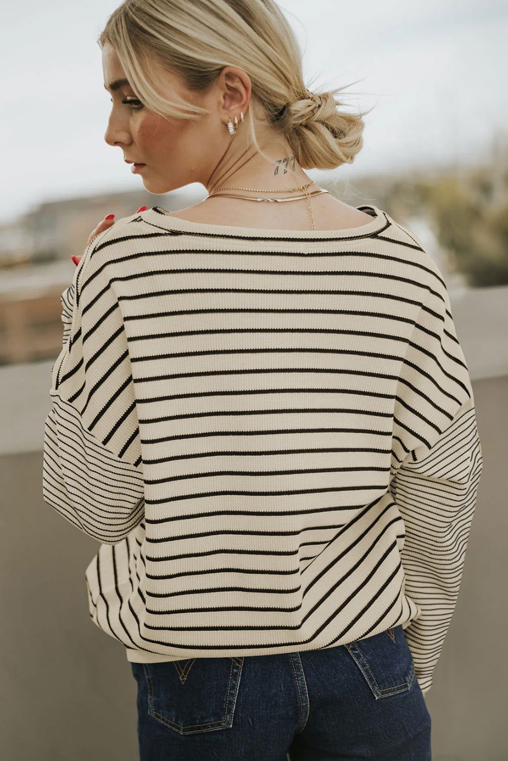 Black Striped Patchwork Drop Sleeve Top - Vesteeto