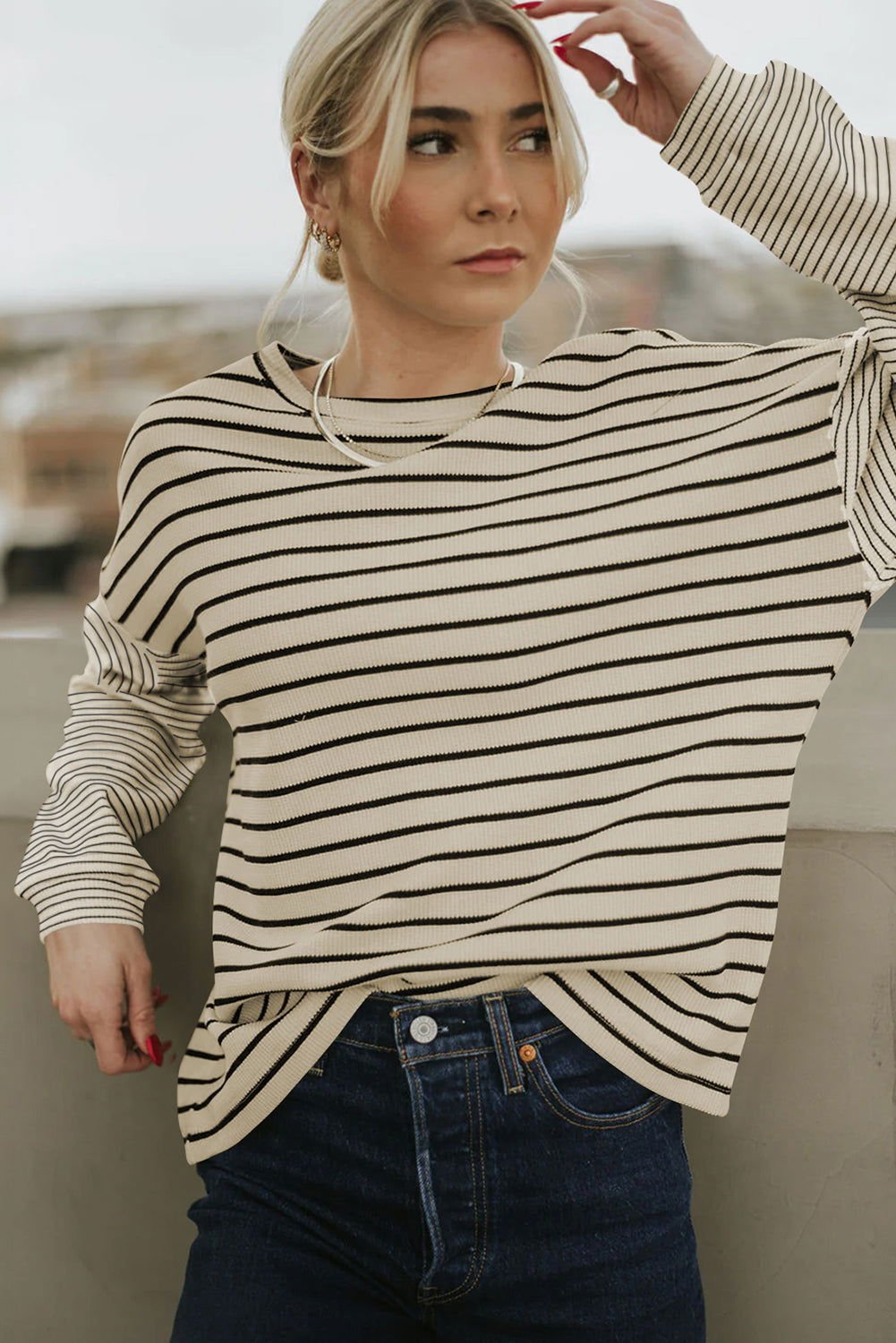 Black Striped Patchwork Drop Sleeve Top - Vesteeto