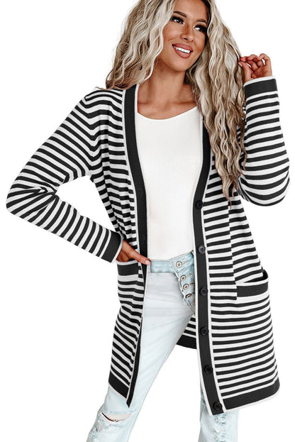 Black Striped Pocketed Button Long Cardigan - Vesteeto