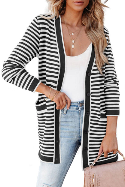 Black Striped Pocketed Button Long Cardigan - Vesteeto