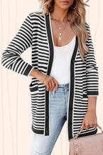 Black Striped Pocketed Button Long Cardigan - Vesteeto