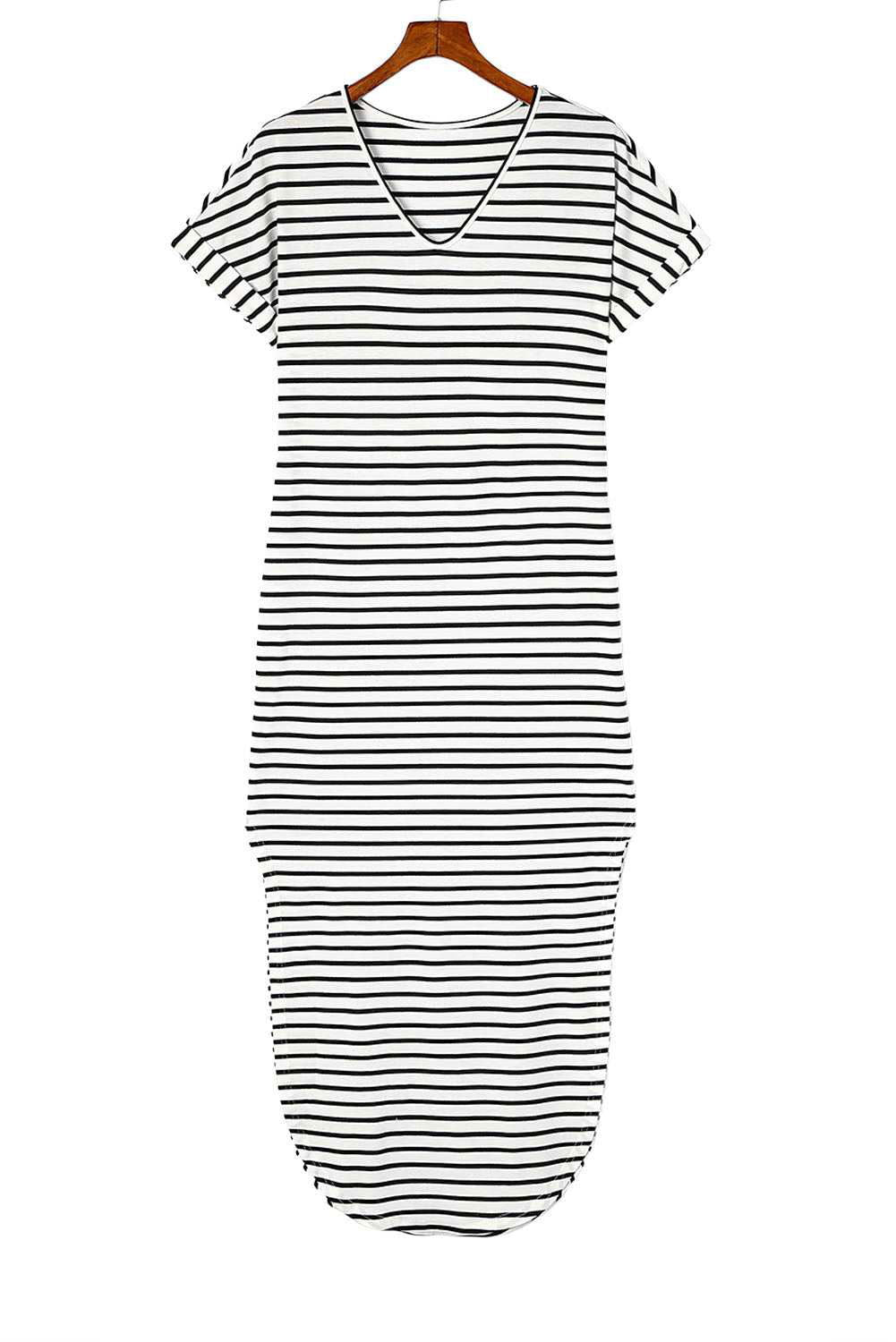 Black Striped Print Side Split Short Sleeve V Neck Maxi Dress - Vesteeto