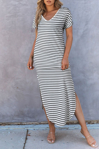 Black Striped Print Side Split Short Sleeve V Neck Maxi Dress - Vesteeto