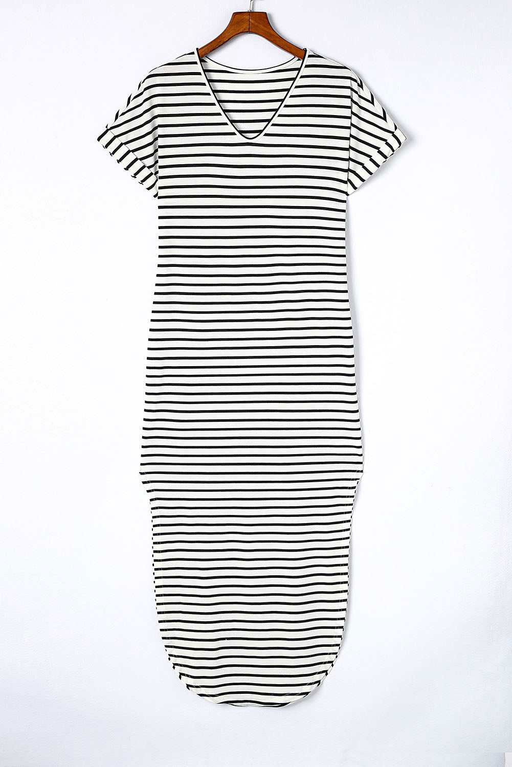 Black Striped Print Side Split Short Sleeve V Neck Maxi Dress - Vesteeto