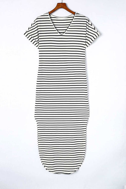 Black Striped Print Side Split Short Sleeve V Neck Maxi Dress - Vesteeto