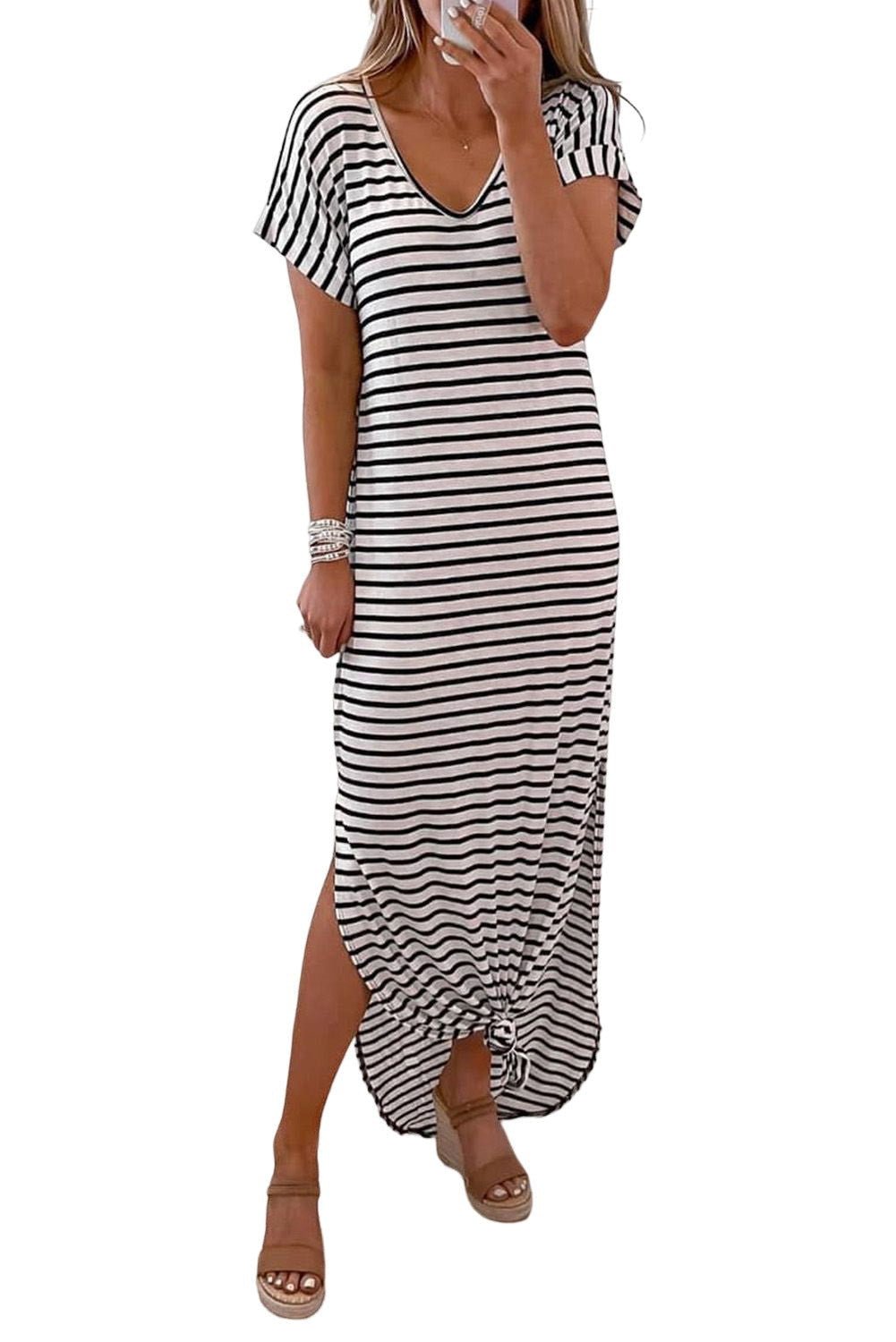 Black Striped Print Side Split Short Sleeve V Neck Maxi Dress - Vesteeto