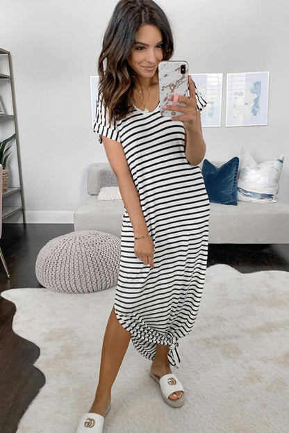 Black Striped Print Side Split Short Sleeve V Neck Maxi Dress - Vesteeto