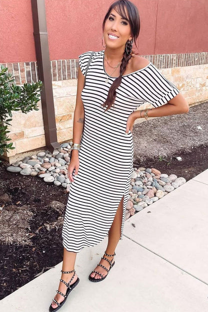 Black Striped Print Side Split Short Sleeve V Neck Maxi Dress - Vesteeto