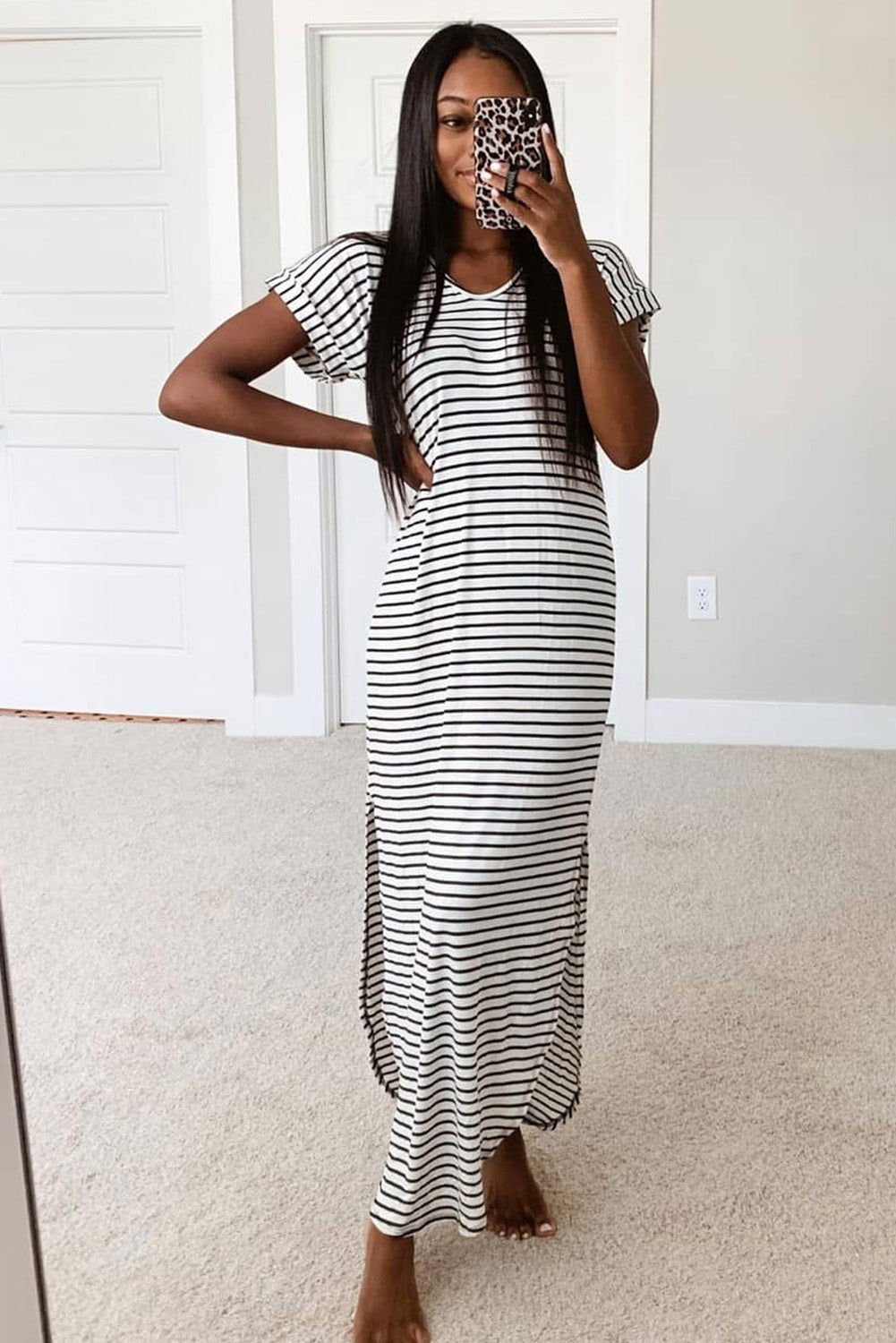 Black Striped Print Side Split Short Sleeve V Neck Maxi Dress - Vesteeto