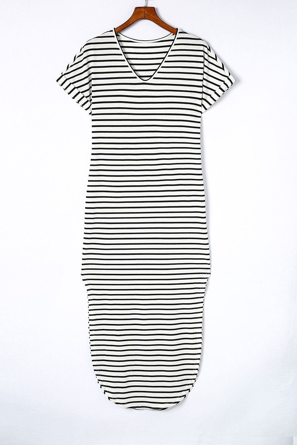 Black Striped Print Side Split Short Sleeve V Neck Maxi Dress - Vesteeto