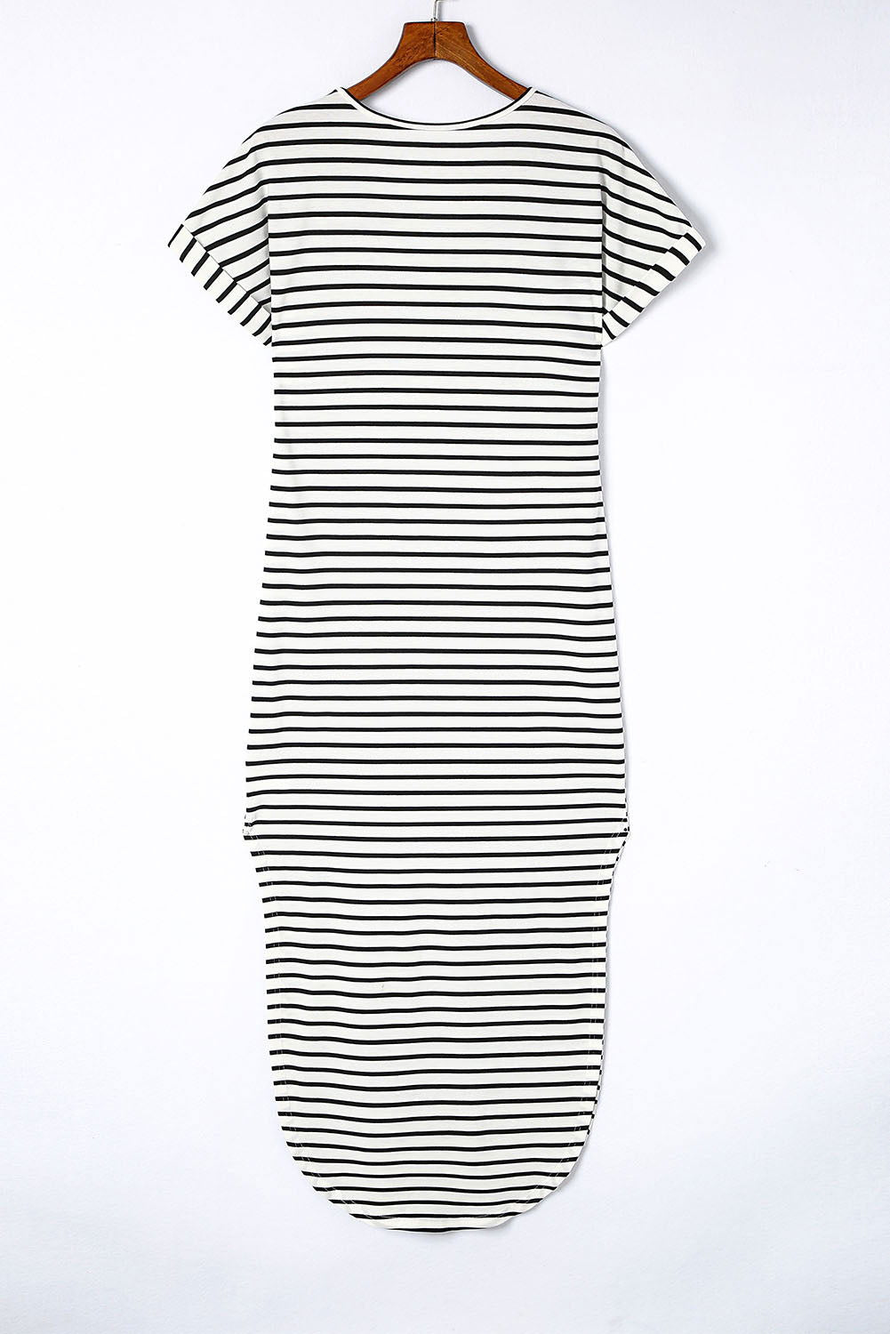 Black Striped Print Side Split Short Sleeve V Neck Maxi Dress - Vesteeto