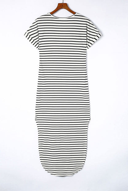 Black Striped Print Side Split Short Sleeve V Neck Maxi Dress - Vesteeto