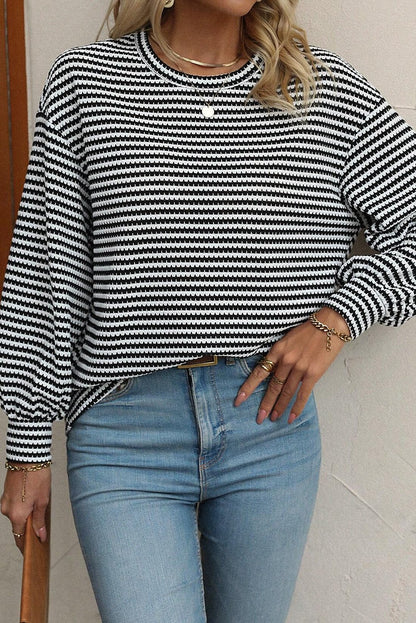 Black Striped Round Neck Drop Shoulder Long Sleeve Top - Vesteeto