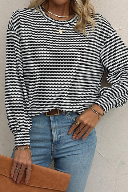 Black Striped Round Neck Drop Shoulder Long Sleeve Top - Vesteeto