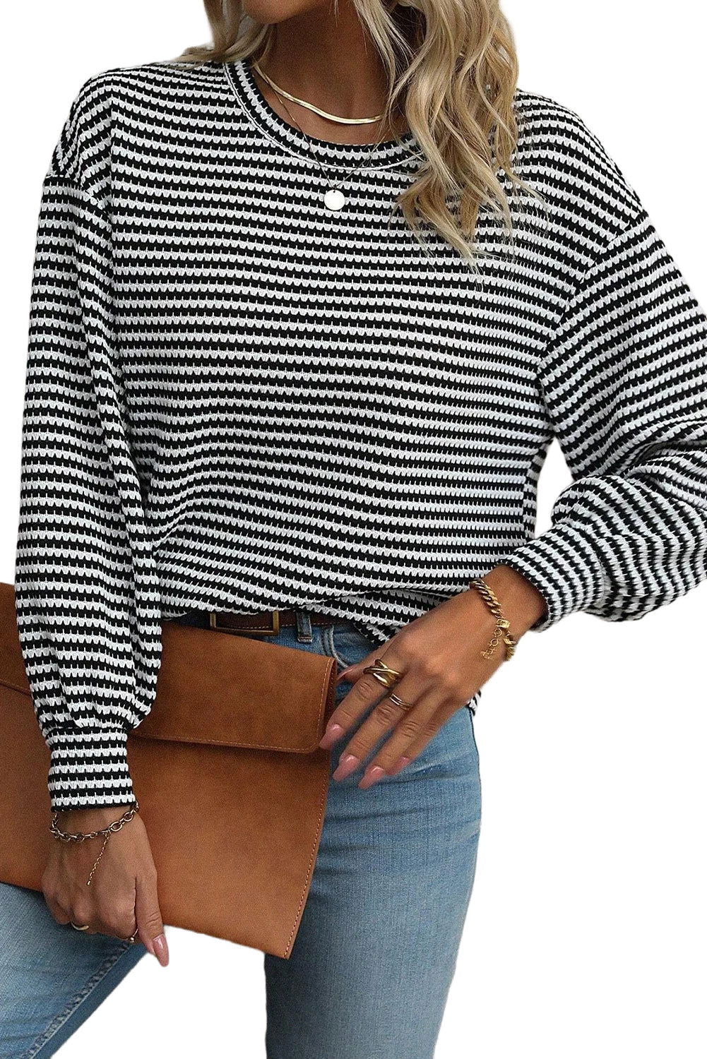 Black Striped Round Neck Drop Shoulder Long Sleeve Top - Vesteeto