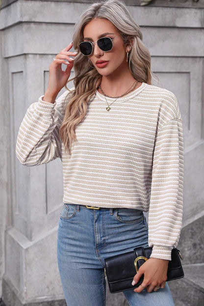 Black Striped Round Neck Drop Shoulder Long Sleeve Top - Vesteeto