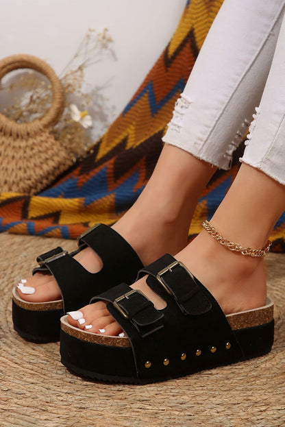 Black Suede Buckle Corky Platform Slides Shoes - Vesteeto