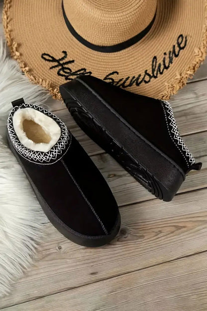 Black Suede Contrast Print Round Toe Plush Lined Flats - Vesteeto