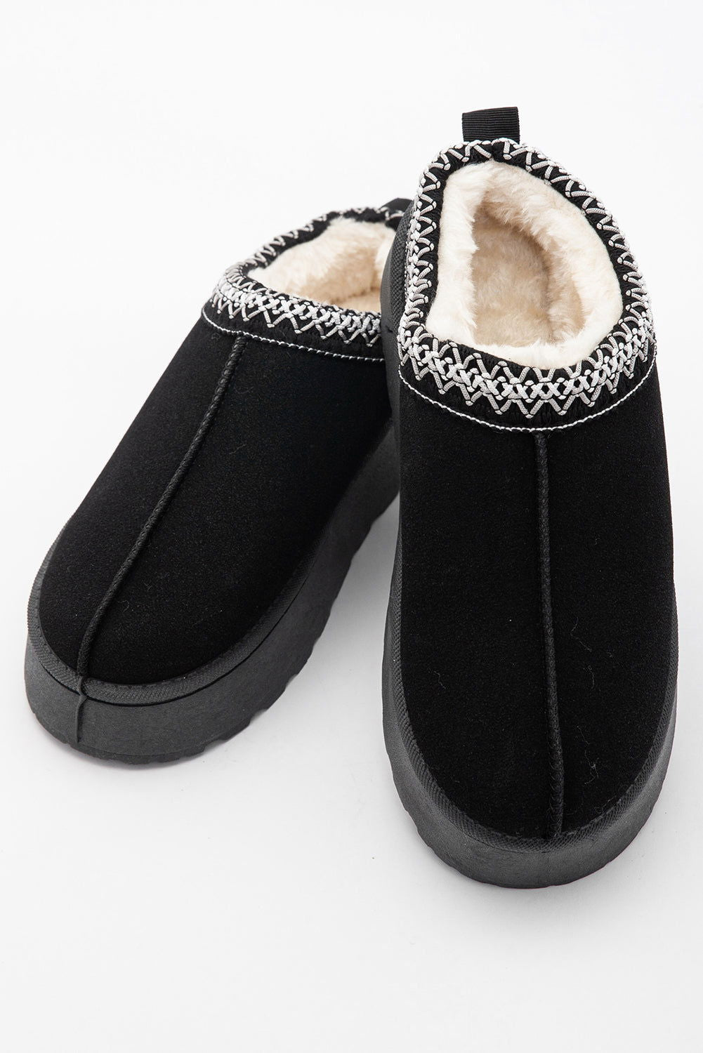 Black Suede Contrast Print Round Toe Plush Lined Flats - Vesteeto