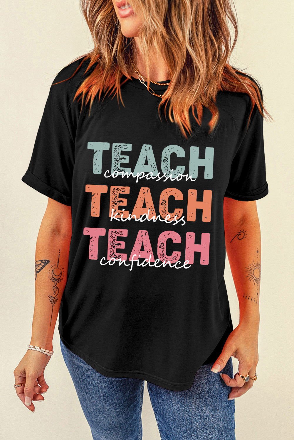 Black TEACH Letter Graphic Crewneck T Shirt - Vesteeto