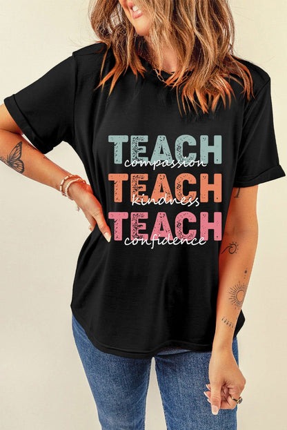 Black TEACH Letter Graphic Crewneck T Shirt - Vesteeto