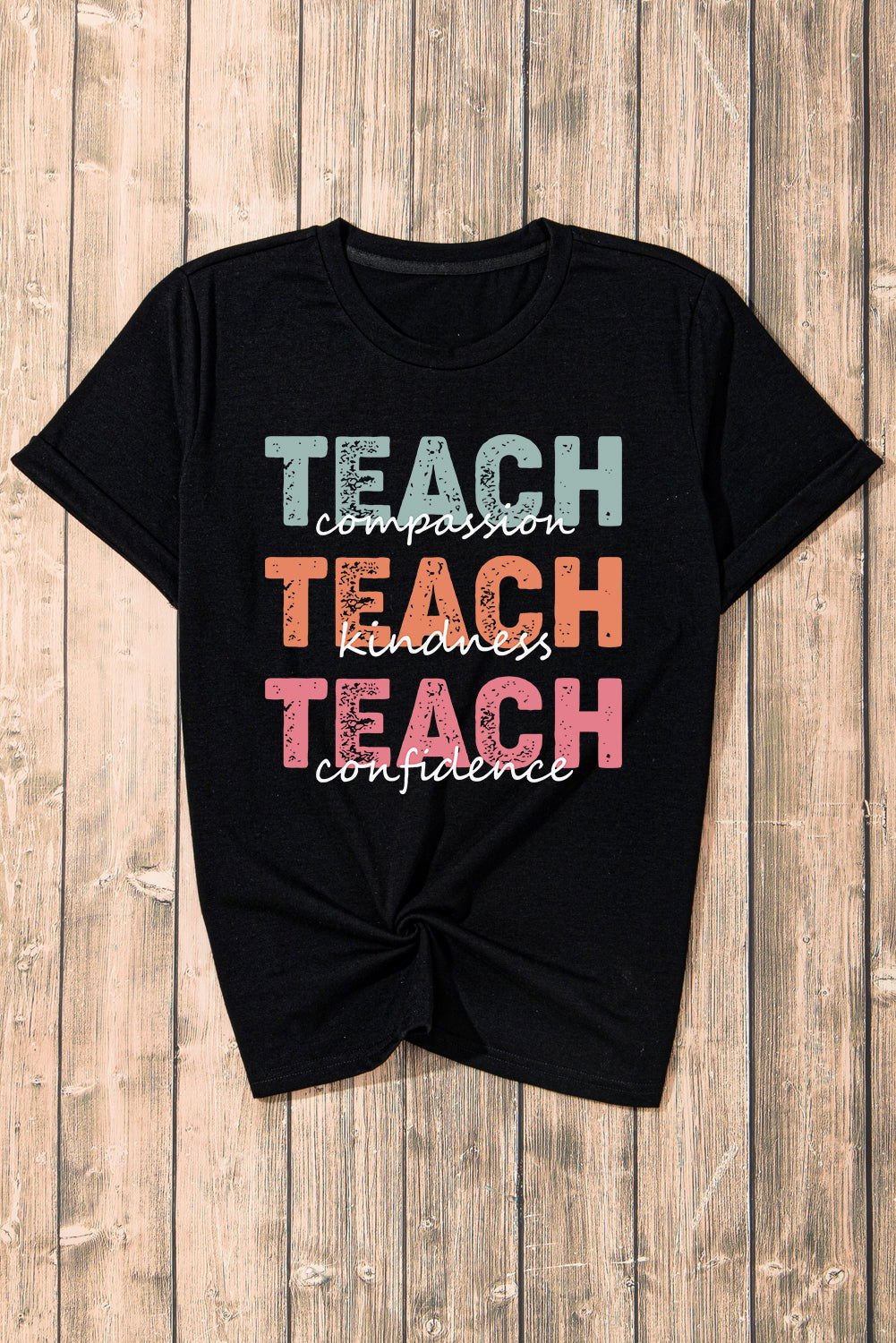 Black TEACH Letter Graphic Crewneck T Shirt - Vesteeto