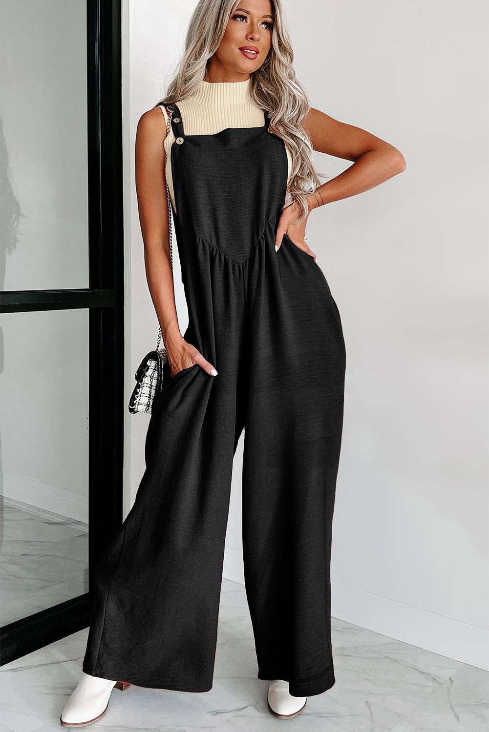 Black Textured Adjustable Straps Ruched Wide Leg Jumpsuit - Vesteeto