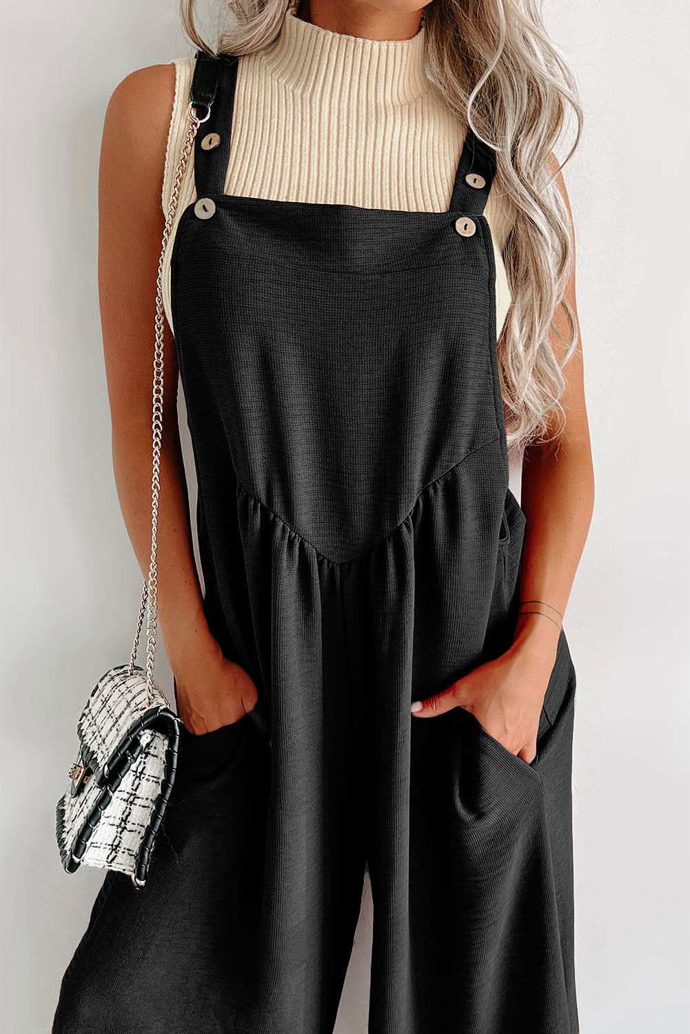 Black Textured Adjustable Straps Ruched Wide Leg Jumpsuit - Vesteeto