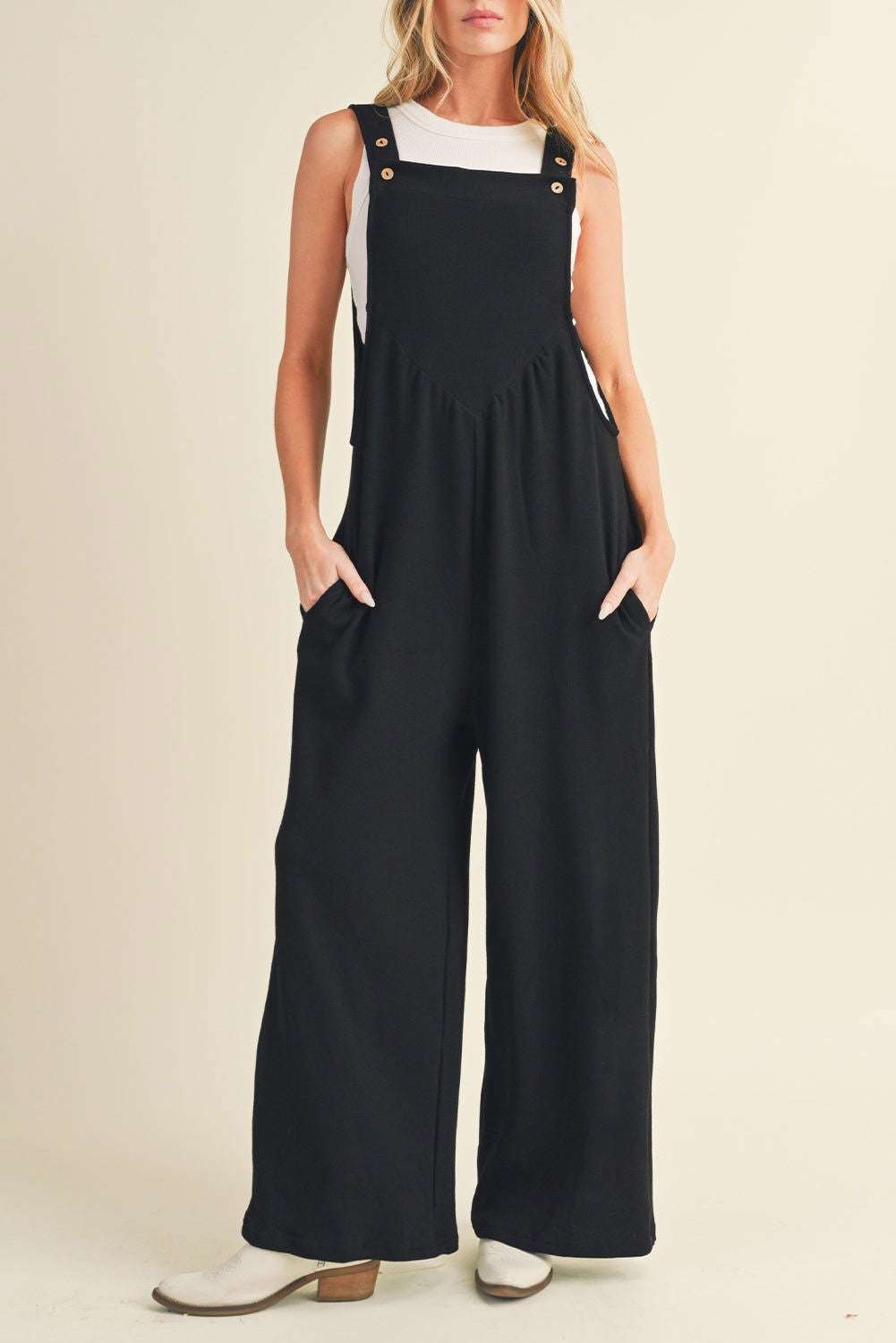 Black Textured Adjustable Straps Ruched Wide Leg Jumpsuit - Vesteeto