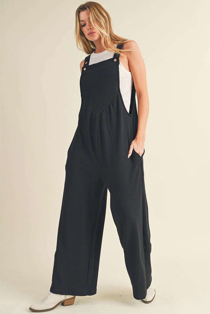 Black Textured Adjustable Straps Ruched Wide Leg Jumpsuit - Vesteeto