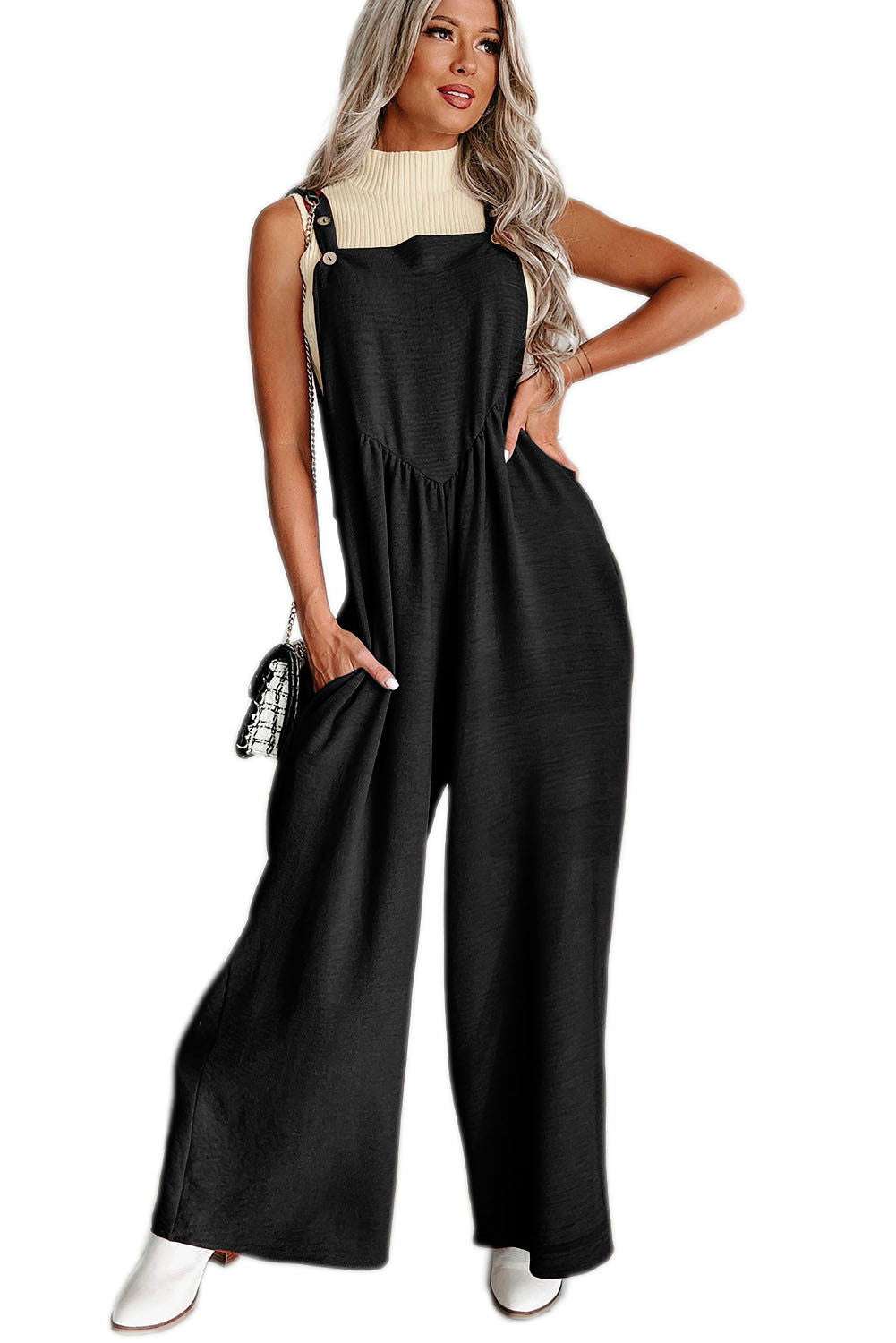 Black Textured Adjustable Straps Ruched Wide Leg Jumpsuit - Vesteeto