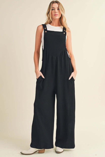 Black Textured Adjustable Straps Ruched Wide Leg Jumpsuit - Vesteeto