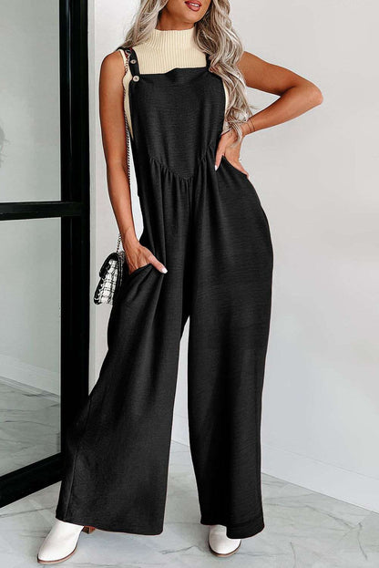 Black Textured Adjustable Straps Ruched Wide Leg Jumpsuit - Vesteeto