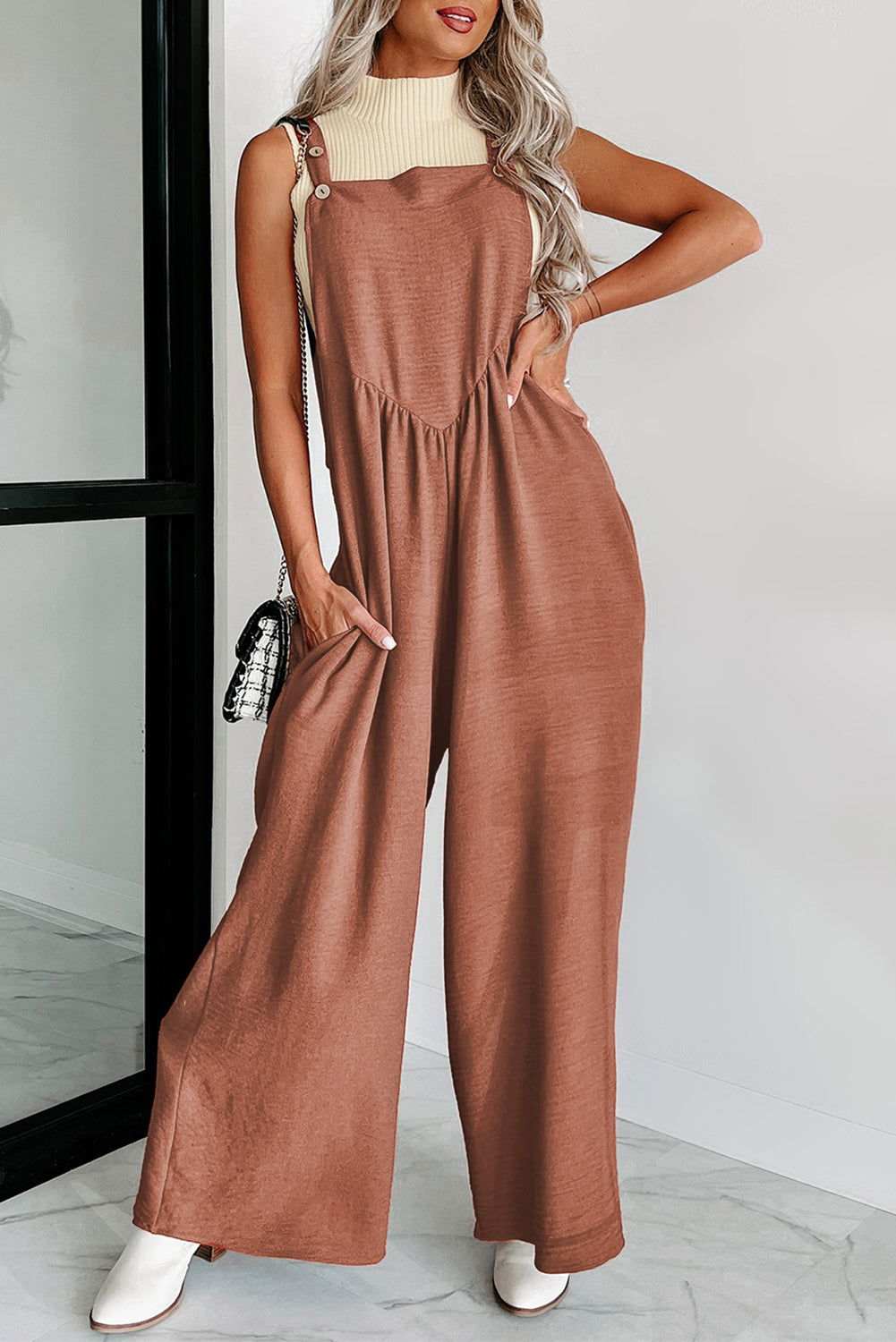 Black Textured Adjustable Straps Ruched Wide Leg Jumpsuit - Vesteeto