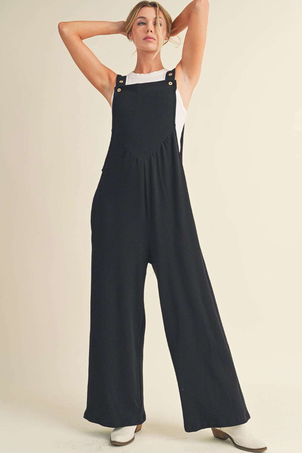 Black Textured Adjustable Straps Ruched Wide Leg Jumpsuit - Vesteeto