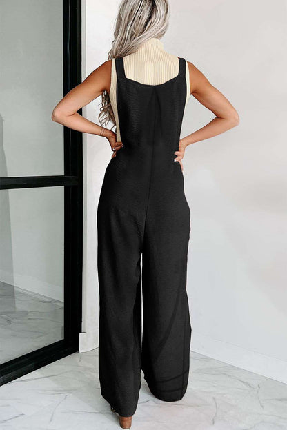 Black Textured Adjustable Straps Ruched Wide Leg Jumpsuit - Vesteeto