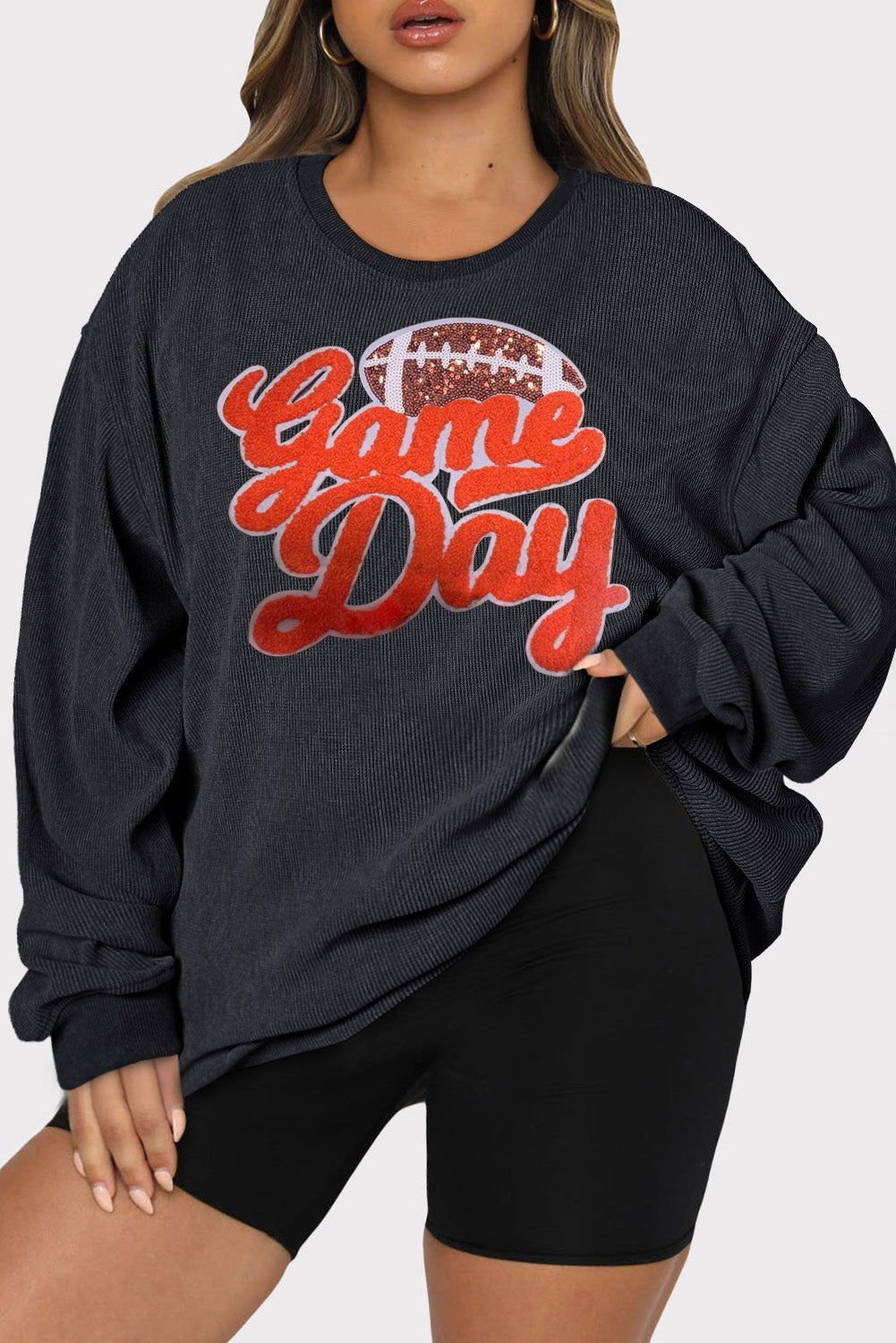 Black Textured Game Day Chenille Sequin Rugby Graphic Plus Size Sweatshirt - Vesteeto