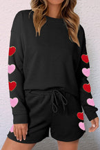 Black Textured Heart Patch Graphic Long Sleeve Top & Shorts Set - Vesteeto