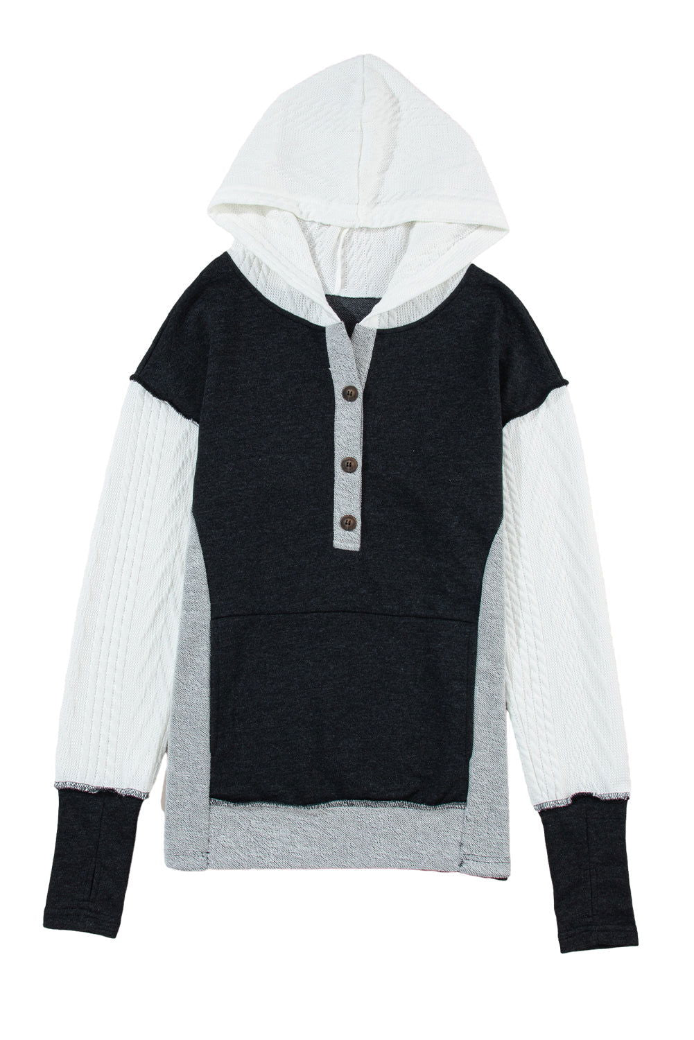 Black Textured Patchwork Kangaroo Pocket Henley Hoodie - Vesteeto