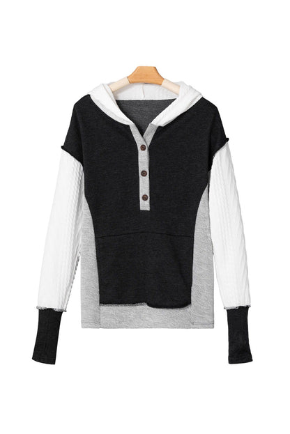 Black Textured Patchwork Kangaroo Pocket Henley Hoodie - Vesteeto