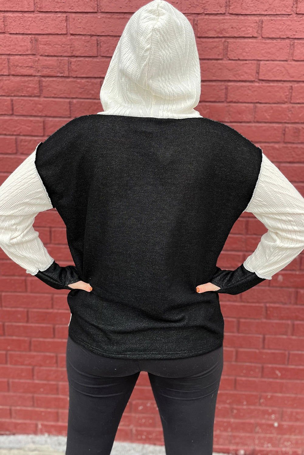 Black Textured Patchwork Kangaroo Pocket Henley Hoodie - Vesteeto