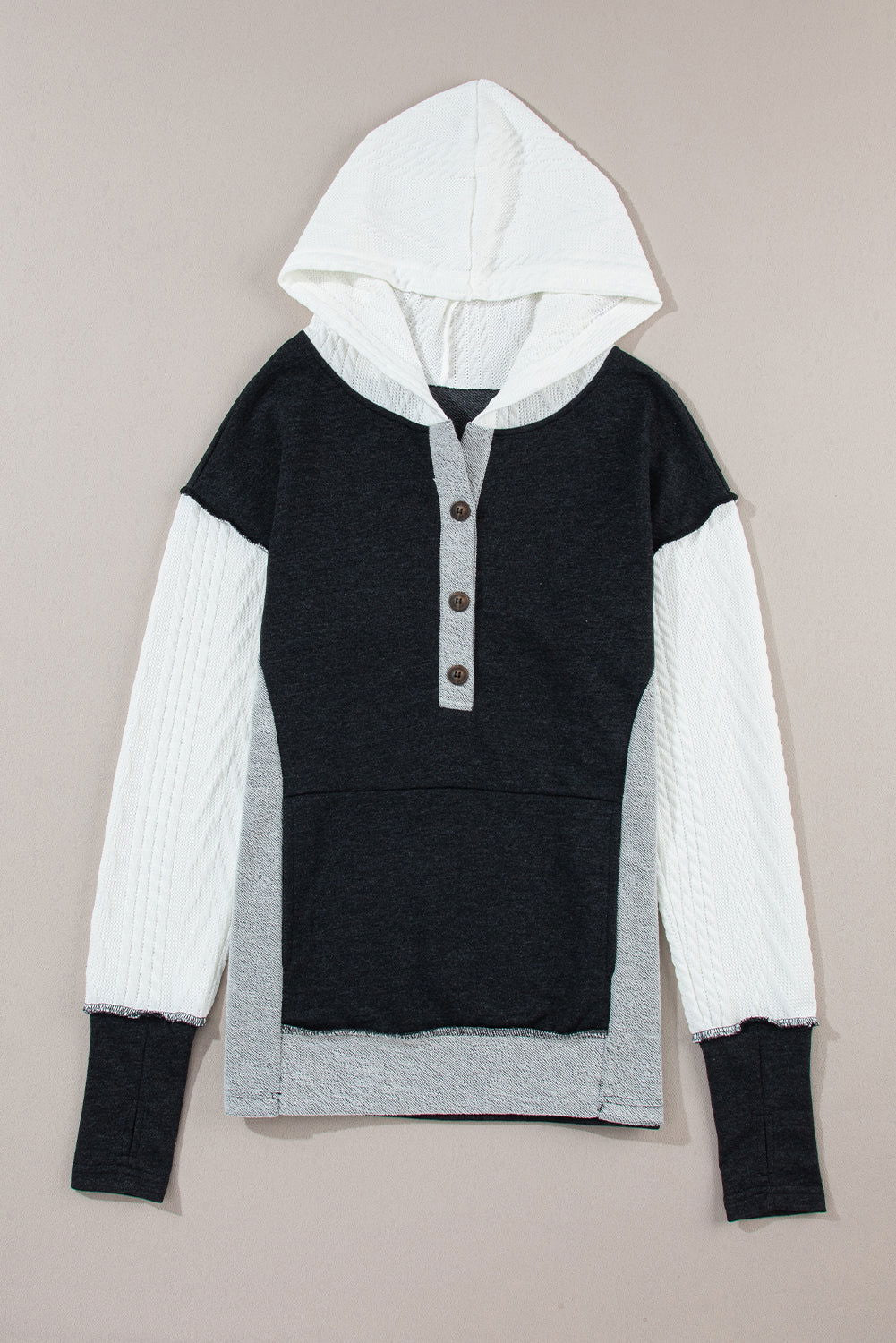 Black Textured Patchwork Kangaroo Pocket Henley Hoodie - Vesteeto