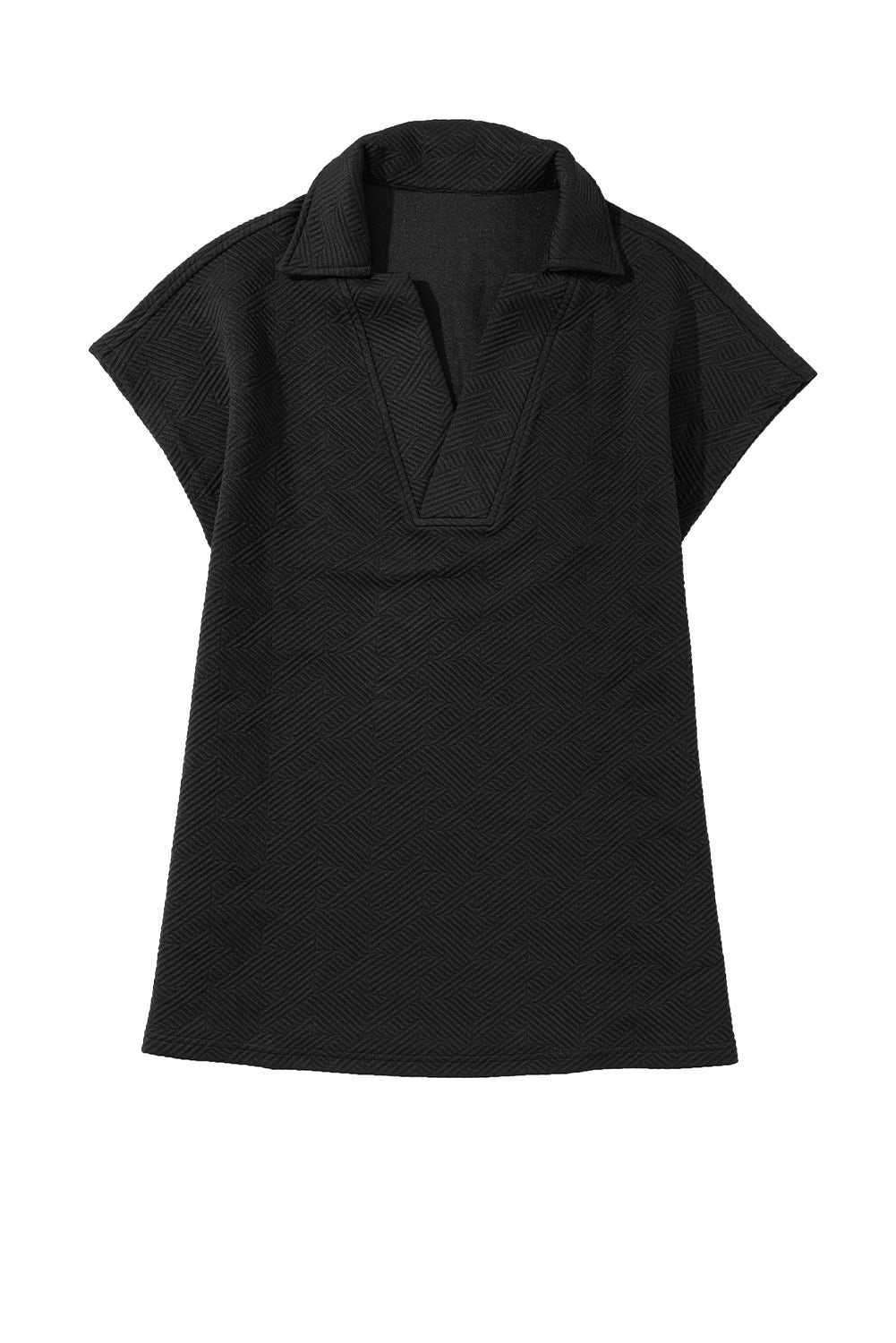 Black Textured V Neck Collared Slit Hem T Shirt - Stylish Top - Vesteeto